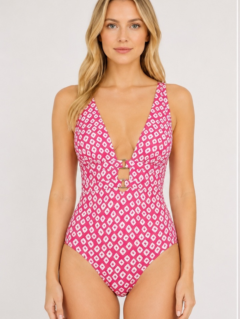 Anne Cole Shibori Double Ring Plunge Front One Piece Swimsuit Pink/White Size 14